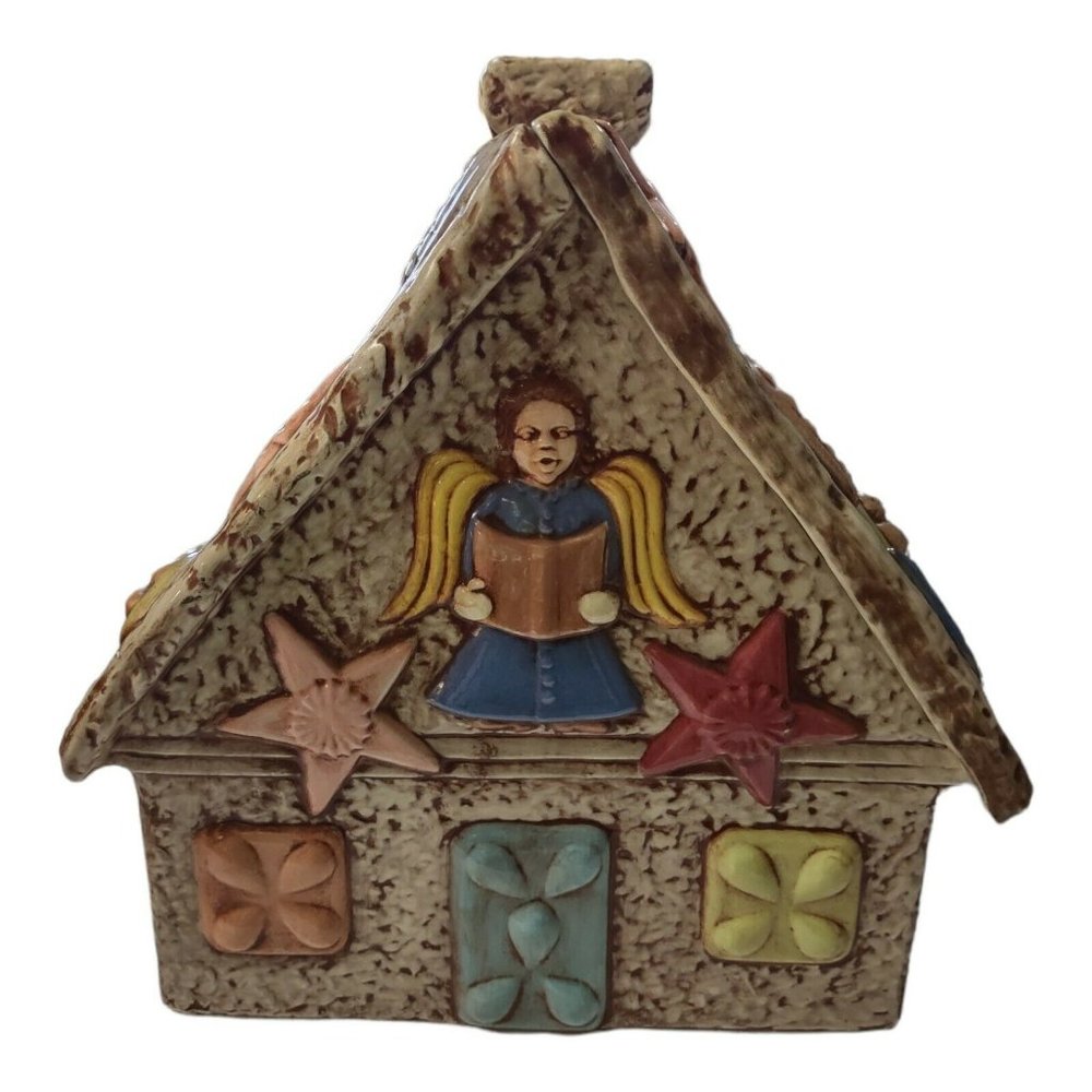 Vintage 70s Atlantic Mold Hand Painted Gingerbread House Cookie Jar Angel Tree